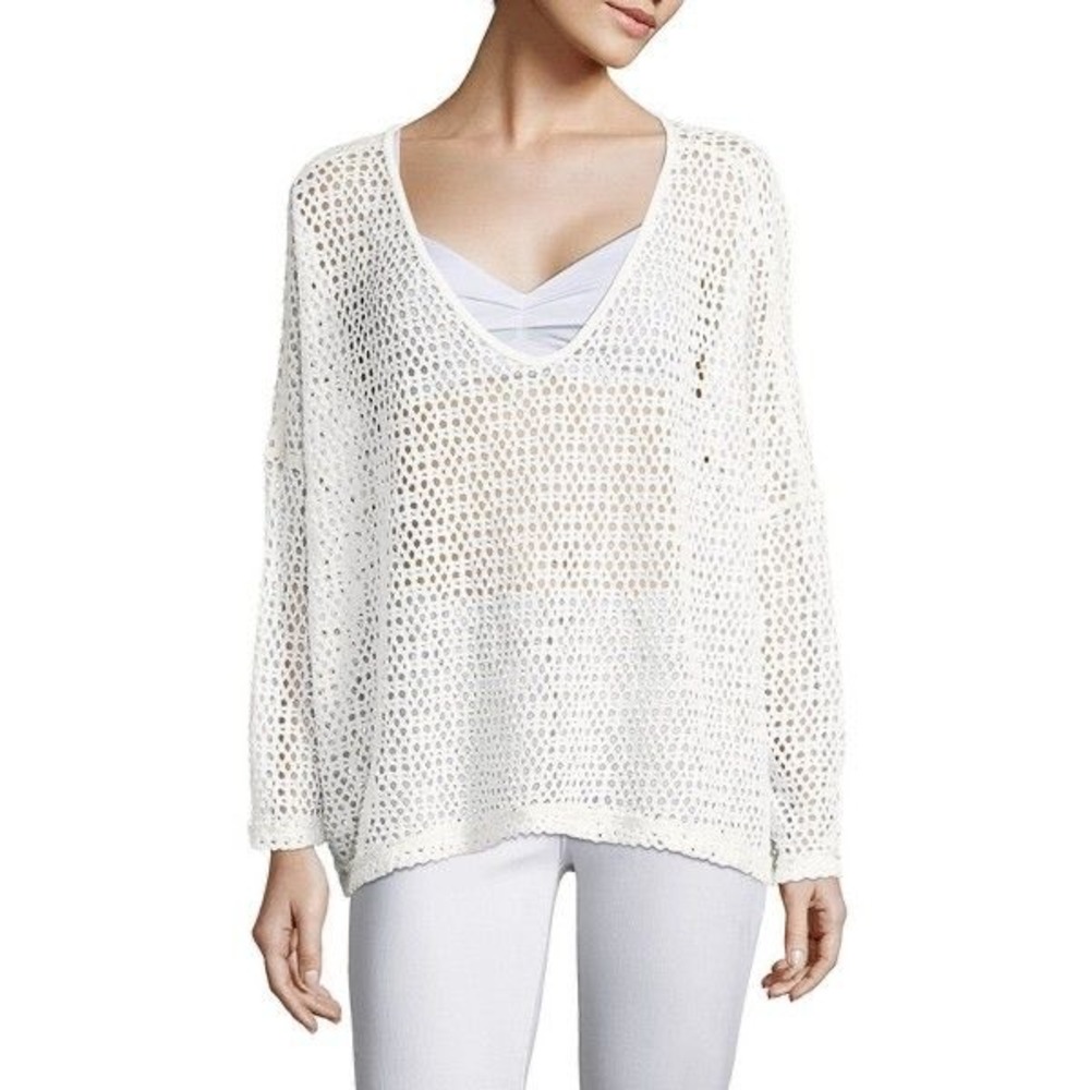 We The Free Free People White Open Knit V-Neck Oversized Sweater Large